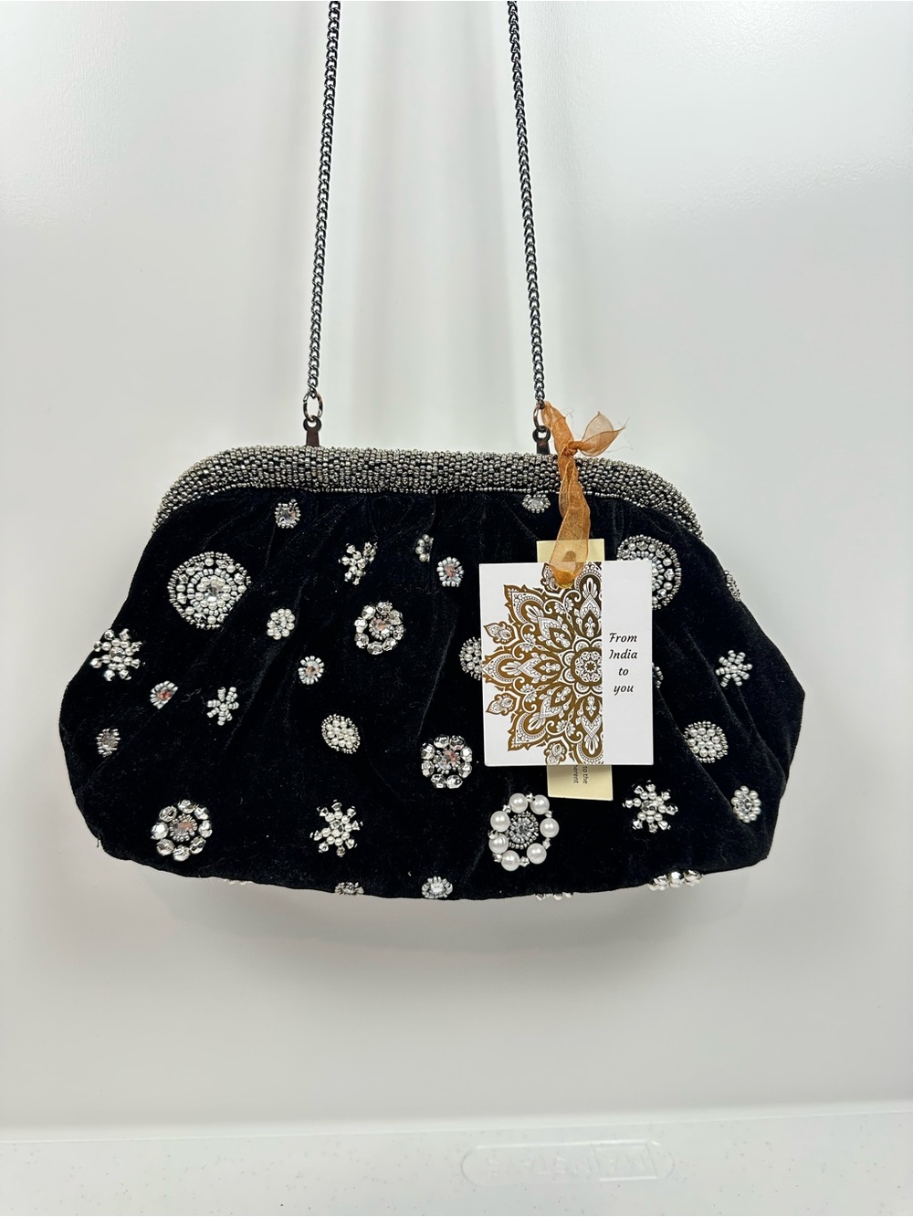 NWT Velvet Black Silver Beaded Clutch Crossbody Bag Made in India Brand New